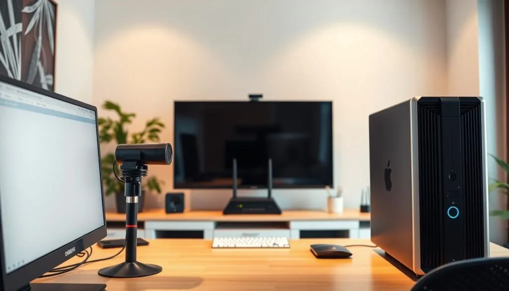 A bright and modern home office setup, showcasing the essential technical requirements for a reliable IPTV streaming experience. In the foreground, a sleek desktop computer with multiple high-speed network ports and advanced graphics capabilities. On the desk, a high-definition webcam and a professional-grade microphone, ensuring clear communication and immersive audio. In the middle ground, a large, high-resolution LED display with low input lag, optimized for smooth video playback. Behind it, a well-organized network router and modem, surrounded by a minimalist decor that emanates a sense of efficiency and technological sophistication. Warm, indirect lighting illuminates the scene, creating a welcoming and productive atmosphere for the discerning IPTV user.