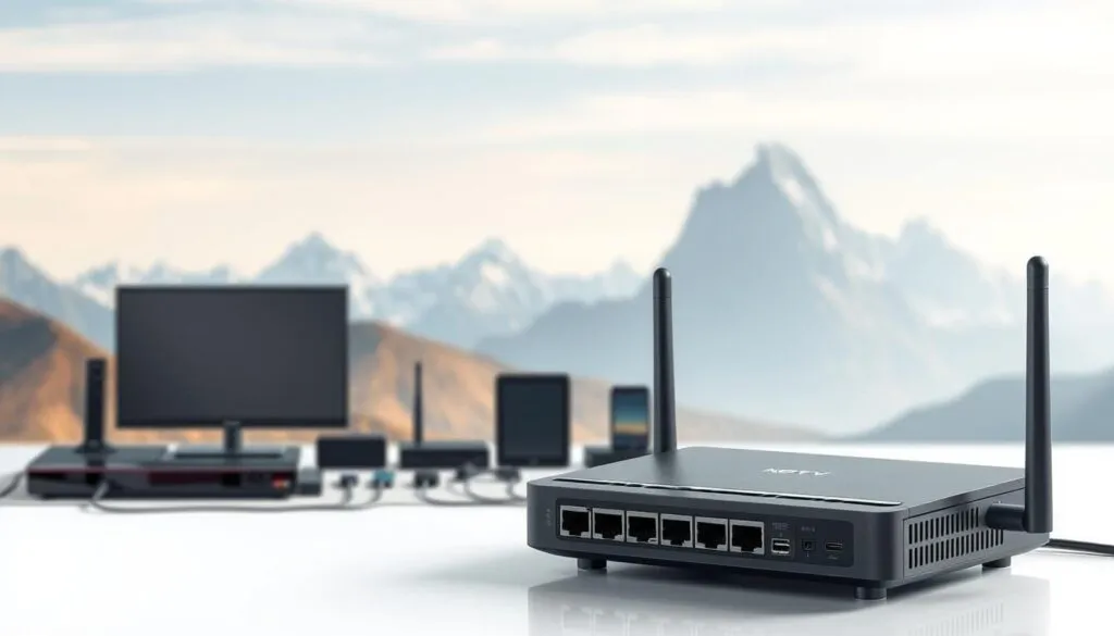A detailed digital illustration depicting the technical requirements for IPTV. In the foreground, a sleek, modern router with multiple Ethernet ports and Wi-Fi antennas, symbolizing the need for a reliable high-speed internet connection. In the middle ground, a row of various devices including a smart TV, streaming box, and mobile devices, all connected to the router via wired and wireless connections. In the background, a serene landscape of towering mountains and a clear sky, conveying the idea of a stable, uninterrupted IPTV experience. The lighting is soft and diffused, creating a sense of clarity and professionalism. The overall composition is balanced and visually appealing, highlighting the technical aspects of IPTV without distracting from the main subject.