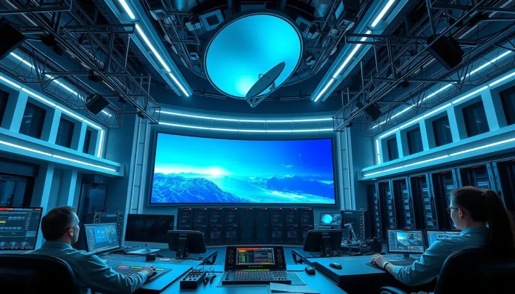A futuristic high-definition broadcast studio with sleek, modern equipment. A state-of-the-art satellite dish on the roof projects a crisp, vibrant image onto a large, curved display. Rows of advanced video and audio consoles are manned by skilled technicians, their fingers flying across the controls. Overhead, a network of cables and LED lighting creates a dynamic, cinematic atmosphere. In the background, a massive server rack hums with the steady flow of digital data, powering the seamless live stream. The scene conveys a sense of technological prowess, efficiency, and the delivery of high-quality, immersive content.