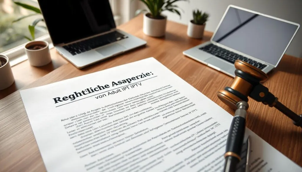 A high-angle view of a legal document or contract with the heading "Rechtliche Aspekte von Adult IPTV" in German, surrounded by a neutral office setting with a wooden desk, a laptop, and a few potted plants. The document's pages are illuminated by soft, natural lighting, conveying a sense of professionalism and thoughtfulness. The overall atmosphere is one of careful consideration and attention to detail, reflecting the seriousness of the legal implications surrounding adult IPTV services.