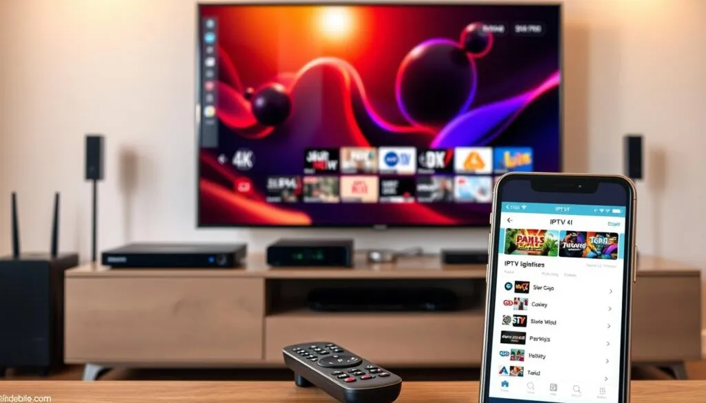 A high-definition streaming setup, with a sleek 4K smart TV as the focal point. The screen displays a vibrant, crystal-clear image, showcasing the vibrant colors and sharp details of the IPTV M3U playlist interface. The TV is positioned on a modern, minimalist entertainment center, surrounded by state-of-the-art streaming devices and a high-speed internet router, all bathed in a warm, ambient lighting. In the foreground, a stylish remote control and a smartphone with the IPTV app open, highlighting the seamless integration and ease of use. The overall scene conveys a sense of modern, technology-driven convenience and the practical benefits of IPTV M3U playlists for home entertainment.