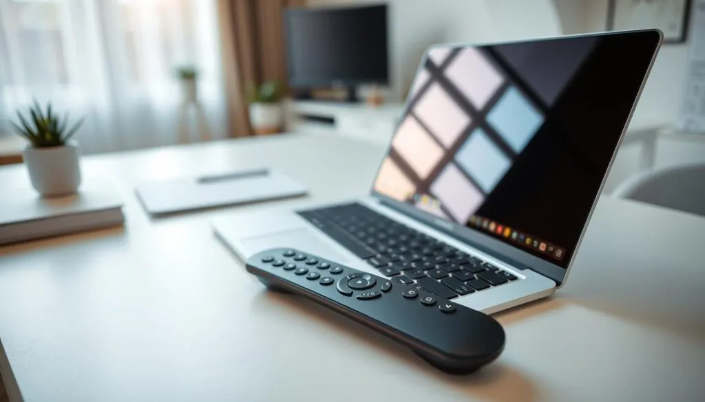 A modern and minimalist home office setting, featuring a sleek laptop, a simple yet elegant IPTV activation remote, and a clean, uncluttered workspace. The scene is bathed in soft, natural light, conveying a sense of calm and efficiency. The overall atmosphere evokes an effortless and intuitive IPTV activation experience. The camera angle is slightly elevated, providing a bird's-eye view of the setup, emphasizing the simplicity and user-friendliness of the process.