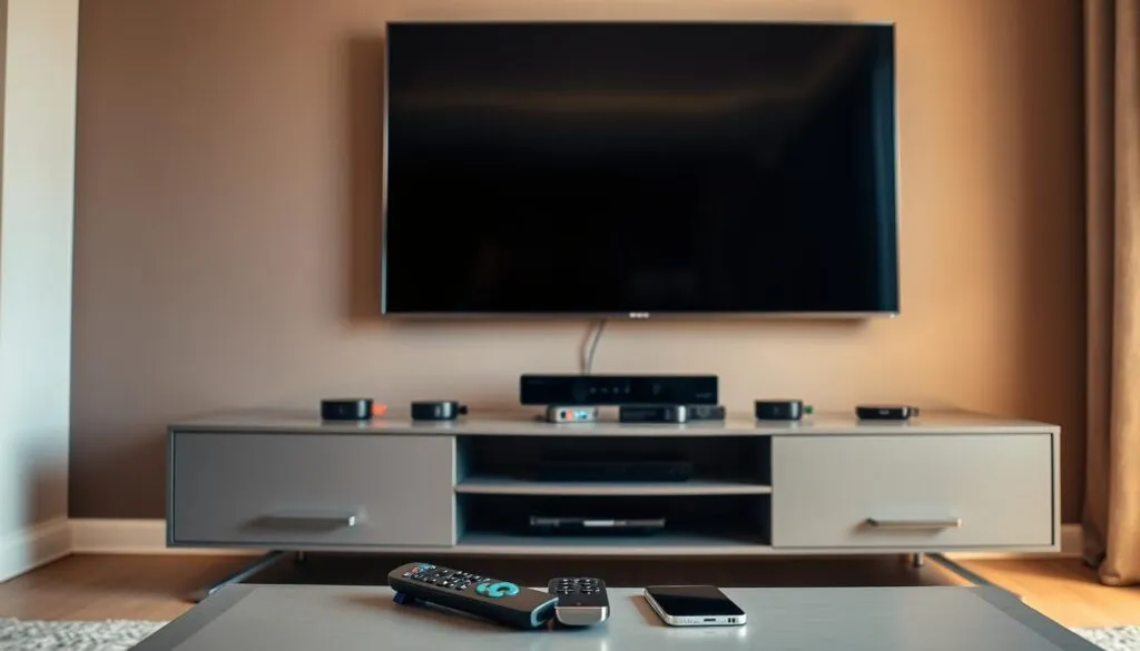 A modern living room setting, with a large flat-screen TV mounted on the wall. Surrounding the TV, various streaming devices like Roku, Firestick, and Apple TV are neatly arranged on a sleek media cabinet. In the foreground, a remote control and a smartphone are placed, hinting at the seamless integration of IPTV and streaming services. The room is bathed in warm, diffused lighting, creating a cozy and inviting atmosphere. The overall composition suggests the effortless combination of traditional IPTV and the flexibility of on-demand streaming, catering to the evolving media consumption habits of the modern household.