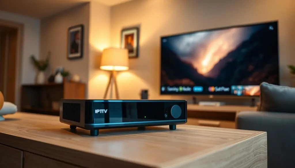 A modern, minimalist IPTV setup in a cozy home environment. In the foreground, an IPTV box sits atop a clean, wooden media console, its sleek design and subtle LED indicators suggesting advanced functionality. The middle ground features a high-definition television screen, its crisp display showcasing vibrant, lifelike imagery. Subtle ambient lighting from a nearby lamp casts a warm, inviting glow, creating a sense of comfort and relaxation. The background depicts a tastefully decorated living room, with neutral-toned walls, plush furnishings, and subtle decorative elements that enhance the overall aesthetic. The scene conveys a sense of technological sophistication seamlessly integrated into a welcoming, homely environment, perfectly suited for optimal IPTV streaming.