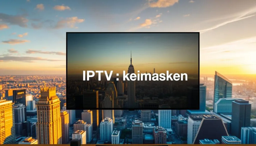 A panoramic view of a vibrant city skyline, with high-rise buildings in the foreground and a bustling cityscape in the background. The scene is illuminated by a warm, golden sunset, casting a soft, atmospheric glow over the urban landscape. In the center of the frame, a large, modern television screen displays the text "IPTV kostenlos", highlighting the idea of free, accessible internet television. The image conveys a sense of technological innovation, urban modernity, and the potential for cost-effective entertainment options.