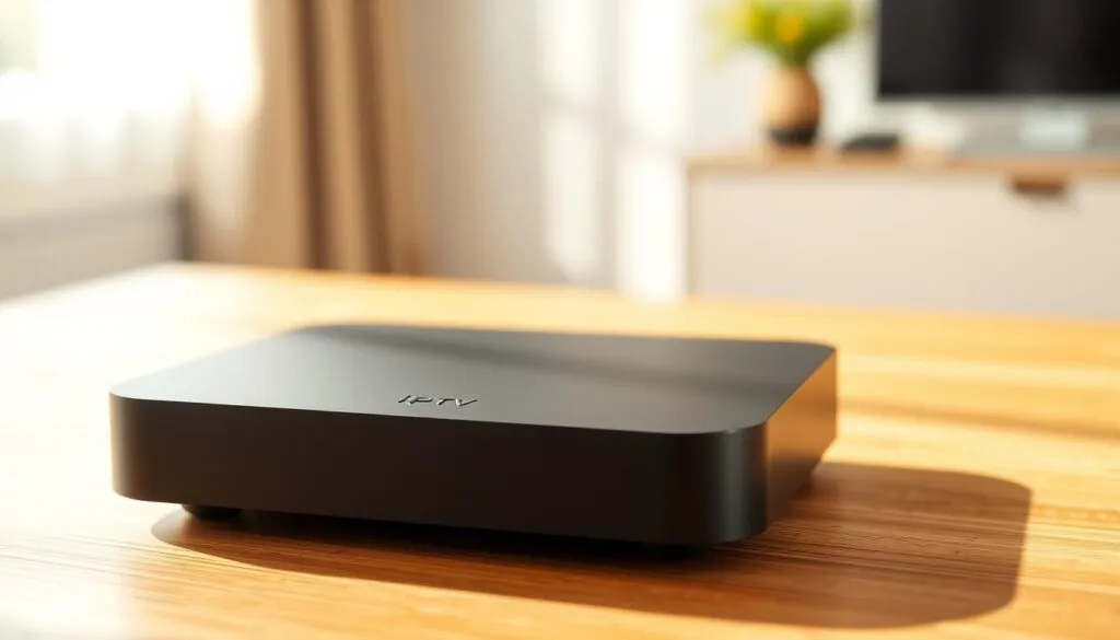A simple, modern iptv device resting on a wooden table, captured in warm, natural lighting. The device has a sleek, minimalist design with clean lines and a matte black finish. Soft shadows cast across the surface, hinting at the device's depth and materiality. The background is blurred, allowing the iptv device to be the focal point, showcasing its elegant and functional form. The overall scene conveys a sense of simplicity, technology, and domestic comfort, reflecting the straightforward setup and integration of an iptv service into a home environment.