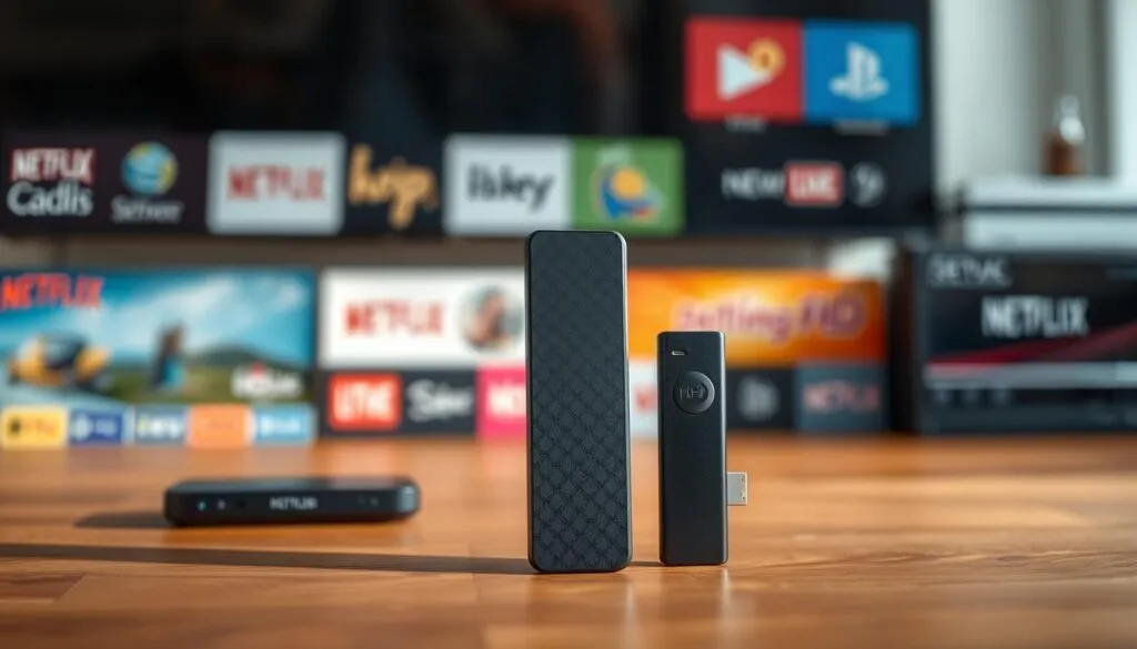 A sleek and modern HD+ TV-Stick standing prominently in the foreground, its minimalist design and high-tech appearance conveying its capabilities as a cutting-edge alternative to traditional cable TV. The device is positioned against a blurred background of various media streaming devices, highlighting its competitive edge. Warm, natural lighting casts a soft glow, emphasizing the device's premium quality. The overall composition and styling suggest a high-end, sophisticated media solution that can seamlessly integrate into any modern living space.