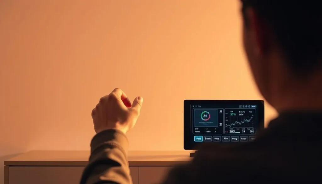 A sleek, minimalist image depicting a person carefully adjusting the settings on a high-tech IPTV device to optimize picture quality. The scene is bathed in soft, warm lighting, creating a calming and focused atmosphere. The device's display shows various technical parameters and graphics, conveying the technical nature of the task. The person's face is not visible, emphasizing the tools and settings rather than the individual. The background is a clean, neutral space, allowing the IPTV device and the person's actions to take center stage. The composition is balanced and visually appealing, guiding the viewer's attention to the key elements of optimizing IPTV image quality.