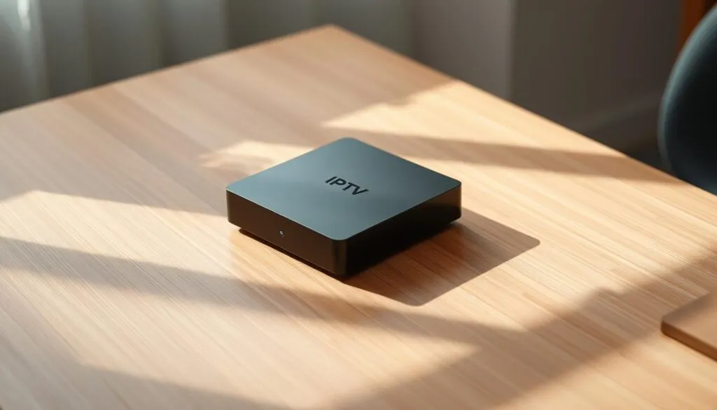 A sleek, modern IPTV box rests on a minimalist wooden table, its smooth black casing contrasting with the warm tones of the surface. Soft, directional lighting from above casts subtle shadows, accentuating the clean, geometric design. The box sits surrounded by a sense of minimalist elegance, hinting at the wealth of entertainment and information channels it can seamlessly deliver. The composition evokes a feeling of efficiency, technology, and the effortless access to a diverse range of content.