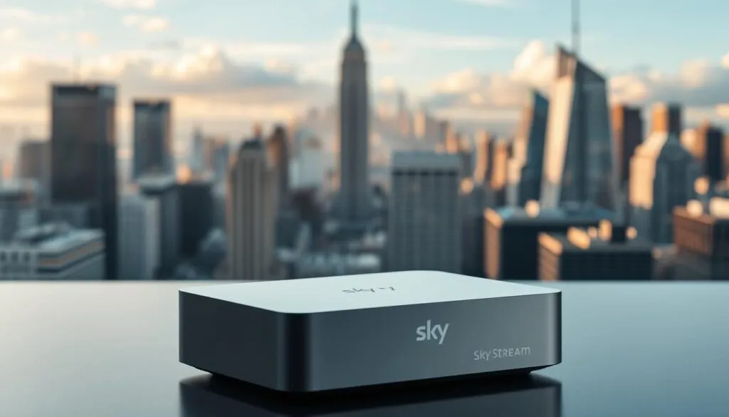 A sleek, modern Sky Stream Box standing prominently in the foreground, its clean lines and minimalist design accentuated by crisp studio lighting. The device is placed on a smooth, reflective surface, creating a sense of depth and elegance. In the middle ground, a blurred cityscape of high-rise buildings and bustling city life suggests the box's mobile connectivity and versatility. The background is a serene, cloud-filled sky, hinting at the seamless integration of the device with the digital world. The overall atmosphere conveys a sense of sophisticated technology, urban sophistication, and the convenience of on-the-go media streaming.