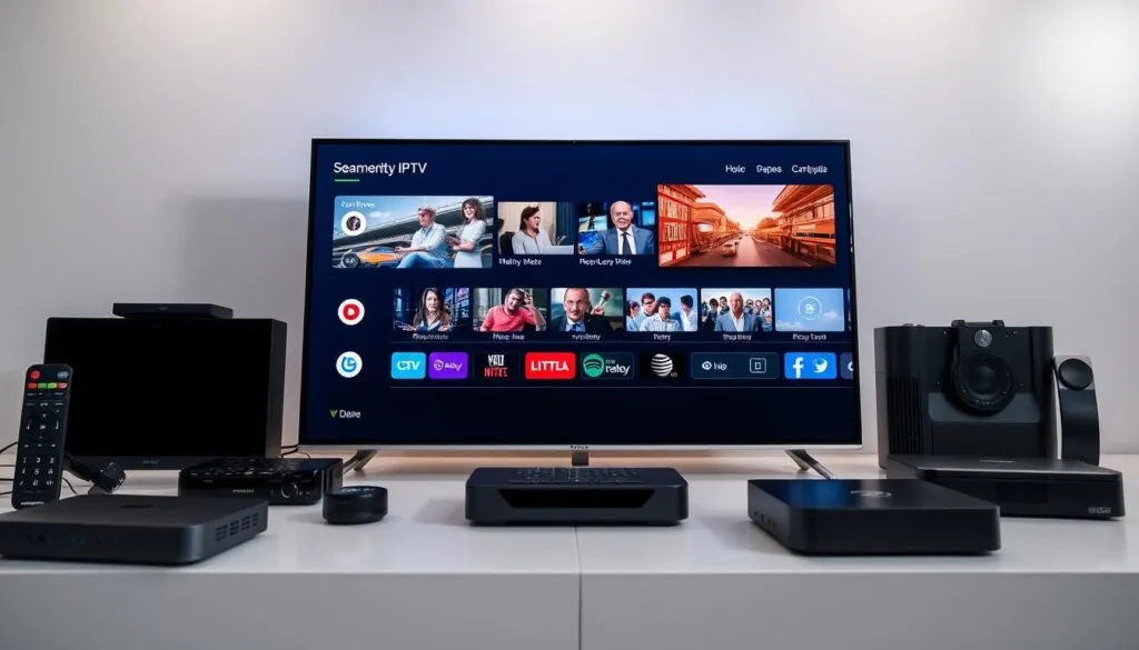 A sleek, modern device displaying a seamless IPTV interface, showcasing high-quality video streaming, clear and vibrant colors, and a range of compatible devices neatly arranged around it. The display features intuitive controls and settings, highlighting the device's versatility and ease of use. The background is a minimalist, tech-inspired environment, with subtle lighting accentuating the product's premium design. The overall tone conveys a sense of cutting-edge technology, reliable performance, and user-friendly accessibility.