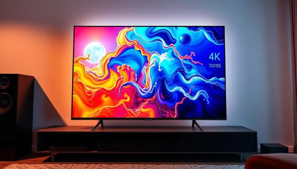 A stunning 4K streaming display, showcasing vibrant colors and crystal-clear resolution. The screen is front and center, bathed in soft, warm lighting that highlights the sharp details and lifelike imagery. In the background, a sleek, modern entertainment system with discrete cable management creates a minimalist, high-tech atmosphere. The overall scene conveys a sense of premium quality, reliability, and immersive viewing experience, perfectly complementing the "Hochwertige Streamingqualität und stabile Server" section of the article.