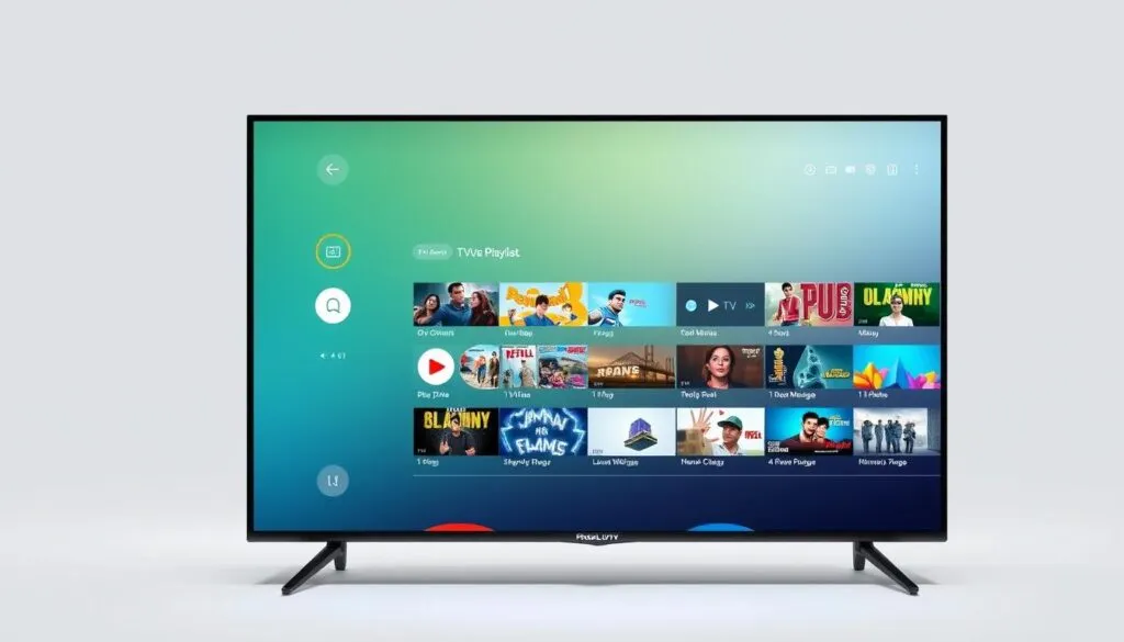 A well-lit, high-resolution digital illustration of a modern smart TV displaying an IPTV playlist interface. The playlist features a grid of thumbnail images representing various TV channels and on-demand content, with clear icons and labels. The layout is clean and intuitive, with a sleek, minimalist aesthetic. The background is a neutral gray or white, allowing the playlist to be the focal point. The overall composition conveys a sense of accessibility, convenience, and the vast array of free IPTV content available to the user.