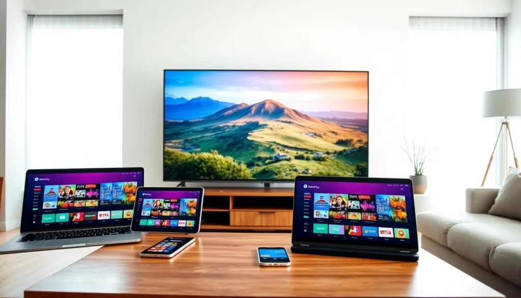 A well-lit living room scene depicting multiple devices streaming IPTV content. In the foreground, a large flat-screen TV is mounted on the wall, displaying a vibrant, detailed landscape. In the middle ground, a laptop, tablet, and smartphone are arranged on a wooden coffee table, each screen showing a different IPTV interface. The background features a minimalist, modern decor with large windows, allowing natural light to filter in. The overall atmosphere is relaxed and inviting, highlighting the seamless integration of IPTV technology across various devices.