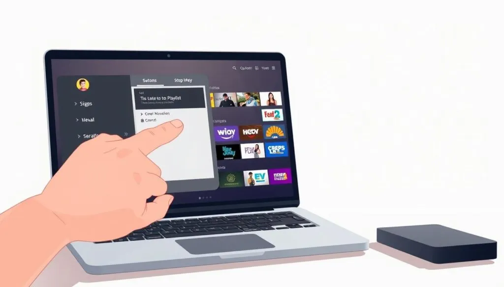 A well-organized tutorial on creating an IPTV playlist, captured in a clean, minimalist illustration. In the foreground, a hand guides the viewer through the step-by-step process on a laptop screen, showcasing the intuitive interface of a playlist creation app. The middle ground features an array of IPTV content icons, hinting at the breadth of channels available. The background is a soft, neutral tone, allowing the tutorial elements to take center stage. The overall mood is one of clarity and simplicity, inviting the viewer to confidently navigate the playlist creation process.
