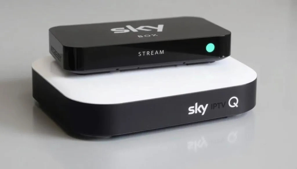 Ein Bild von der Sky Stream Box und der Sky Q IPTV Box nebeneinander.