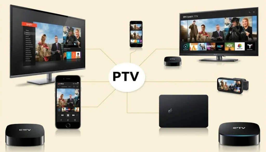 Ein Bild von verschiedenen Geräten wie Smart-TVs, Smartphones und Streaming-Geräten, die alle mit dem IPTV-Dienst verbunden sind.