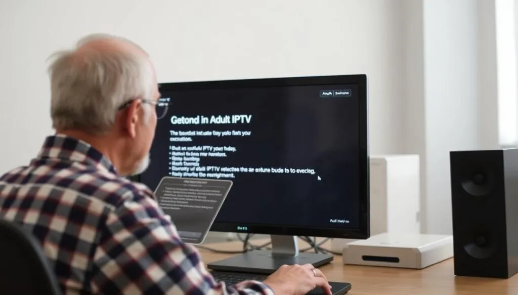 Erstellen Sie ein Bild von einem Benutzer, der vor einem Bildschirm sitzt und eine Anleitung zur Einrichtung von Adult IPTV liest.