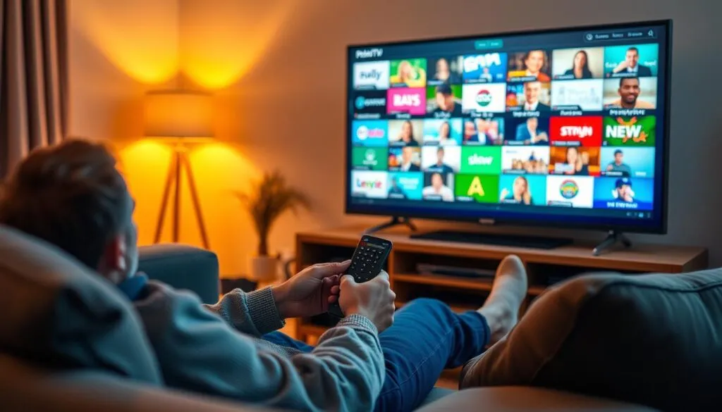 Generate an image of a person comfortably watching TV with a remote control in hand, with a variety of channels and programs displayed on the screen.