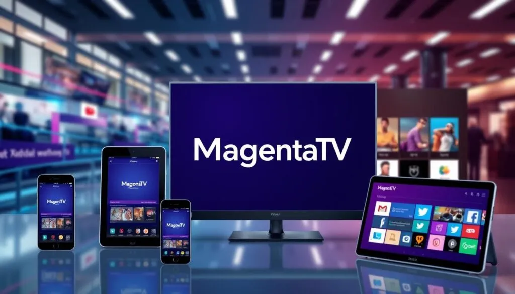 Generate an image of the MagentaTV logo with various devices displaying its interface.