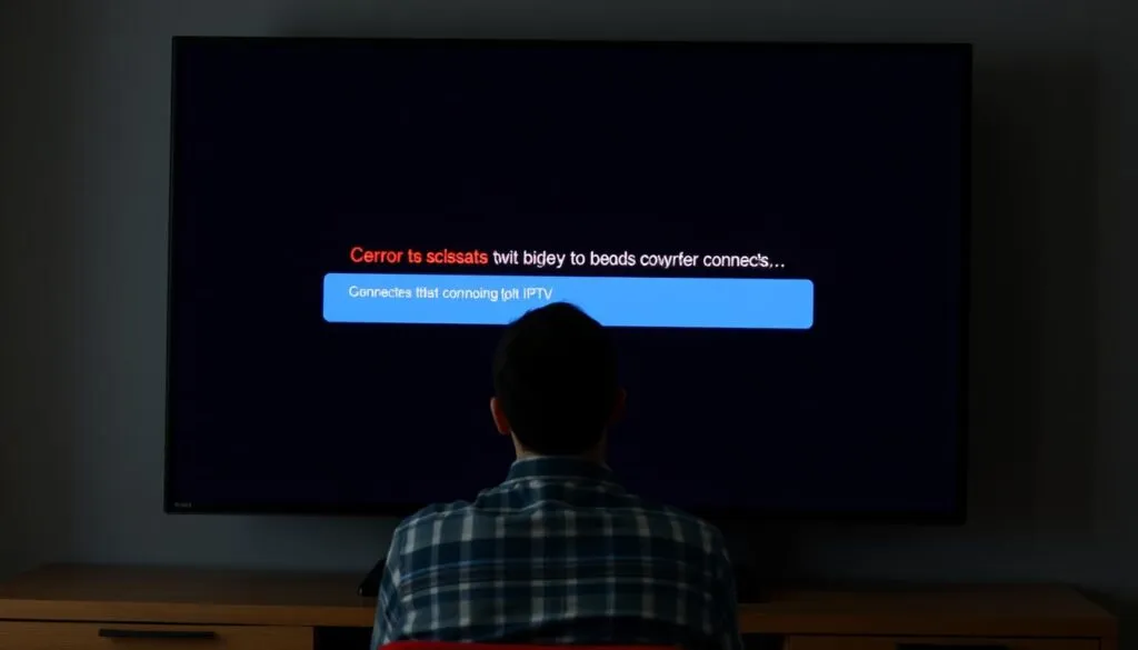 Generiere ein Bild, das eine Person zeigt, die vor einem Bildschirm sitzt und auf dem Bildschirm eine Fehlermeldung wegen Verbindungsproblemen bei IPTV zu sehen ist.