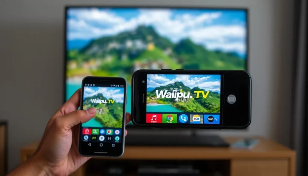 Generiere ein Bild von Waipu.TV auf einem Smartphone und einem Fernsehgerät
