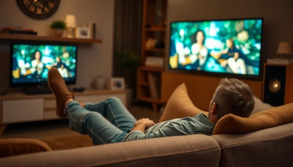 Generiere ein Bild von einem Menschen, der entspannt auf dem Sofa sitzt und fern sieht.