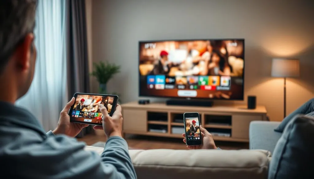Generiere ein Bild von einer Person, die IPTV auf verschiedenen Geräten wie Smartphones, Tablets und Smart-TVs schaut.