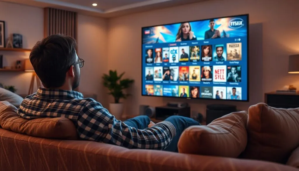 Generiere ein Bild von einer Person, die entspannt auf dem Sofa sitzt und eine Vielzahl von Filmen und Serien auf einem großen Bildschirm durchstöbert.