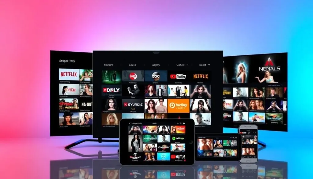 Generiere ein Bild von verschiedenen IPTV Erotik Erwachsene Kanälen auf verschiedenen Geräten