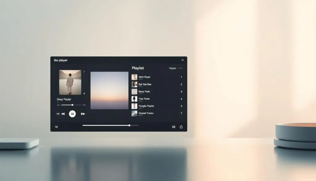 A beautifully crafted ibo player playlist interface, showcasing a minimalist design with a serene, calming atmosphere. The foreground features a clean and intuitive user interface, with a central playlist display surrounded by playback controls and a volume slider. The middle ground includes neatly arranged playlist categories and options, allowing for seamless organization and curation. In the background, a soft, blurred gradient sets the mood, creating a sense of depth and tranquility. Subtle lighting casts a warm, inviting glow, highlighting the playlist's content and functionality. The overall composition conveys a user-friendly and visually appealing experience, perfectly suited for the article's section on "Inhalte und Funktionen der ibo player playlist".