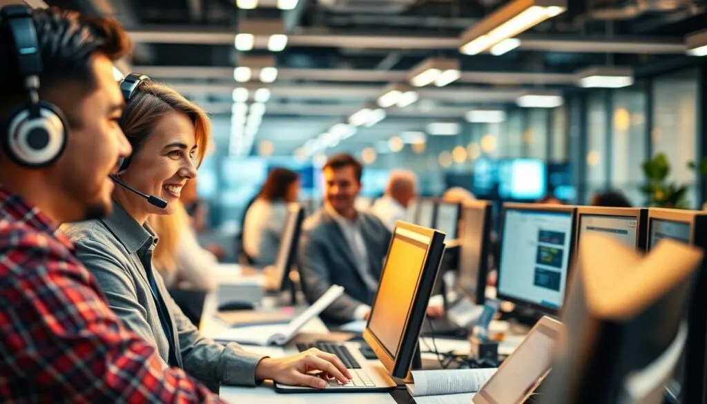 A bustling technical support hub with a team of IPTV reseller experts, bathed in warm, focused lighting. In the foreground, a smiling customer service representative providing attentive assistance to a reseller, their expressions conveying a sense of professionalism and problem-solving. The middle ground features a well-organized workspace with multiple computer screens, reference materials, and communication tools, reflecting the diligence and expertise of the support team. The background showcases a modern, technology-driven office environment, hinting at the state-of-the-art infrastructure powering the IPTV reseller's operations. The overall atmosphere radiates a combination of helpful customer service, technical competence, and a commitment to supporting the success of IPTV resellers.