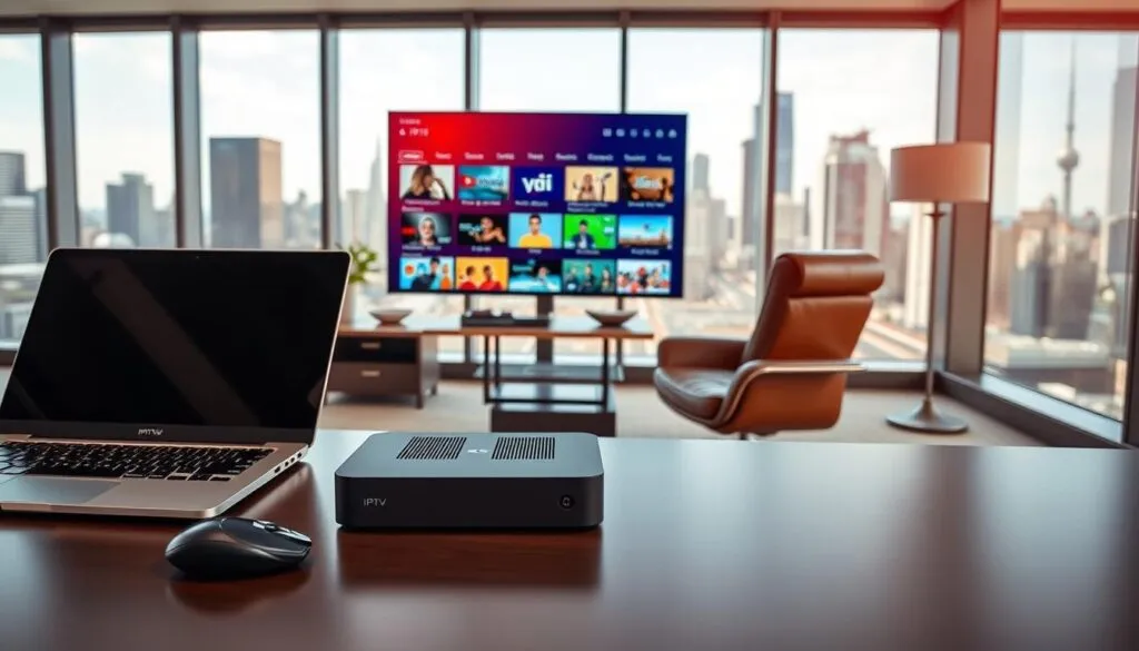 A clean, modern office interior with floor-to-ceiling windows overlooking a cityscape. In the foreground, a desk with a laptop, a wireless mouse, and a sleek IPTV set-top box. The box has a minimalist design with subtle branding. The middle ground features a comfortable leather chair and a large monitor displaying a user interface for an IPTV service, showcasing a diverse selection of channels and on-demand content. The background depicts the vibrant urban landscape, with skyscrapers and bustling streets. The lighting is natural, with a warm, professional atmosphere.