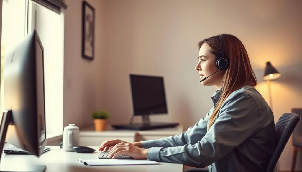 A cozy, well-lit office space with a professional customer service representative assisting an IPTV customer. The representative sits at a desk, wearing a collared shirt and headset, focused on the computer screen and engaged in a helpful conversation. The background features minimal distractions, with clean lines and a neutral color palette to convey a sense of professionalism and efficiency. Soft lighting from a nearby window casts a warm glow, creating a welcoming atmosphere. The overall scene reflects the reliable and personalized support offered to IPTV customers.