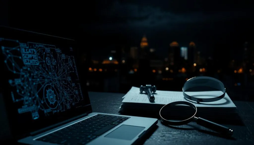 A dark, moody scene depicting the legal aspects and security concerns surrounding IPTV. In the foreground, a laptop displays a complex network diagram, hinting at the technical intricacies involved. The middle ground features a stack of legal documents and a magnifying glass, symbolizing the regulatory scrutiny. In the background, a dimly lit cityscape with ominous shadows casts an air of unease. Dramatic lighting creates a sense of tension, with highlights and shadows emphasizing the gravity of the subject matter. The overall composition conveys the weight and complexity of the legal and security considerations surrounding IPTV.