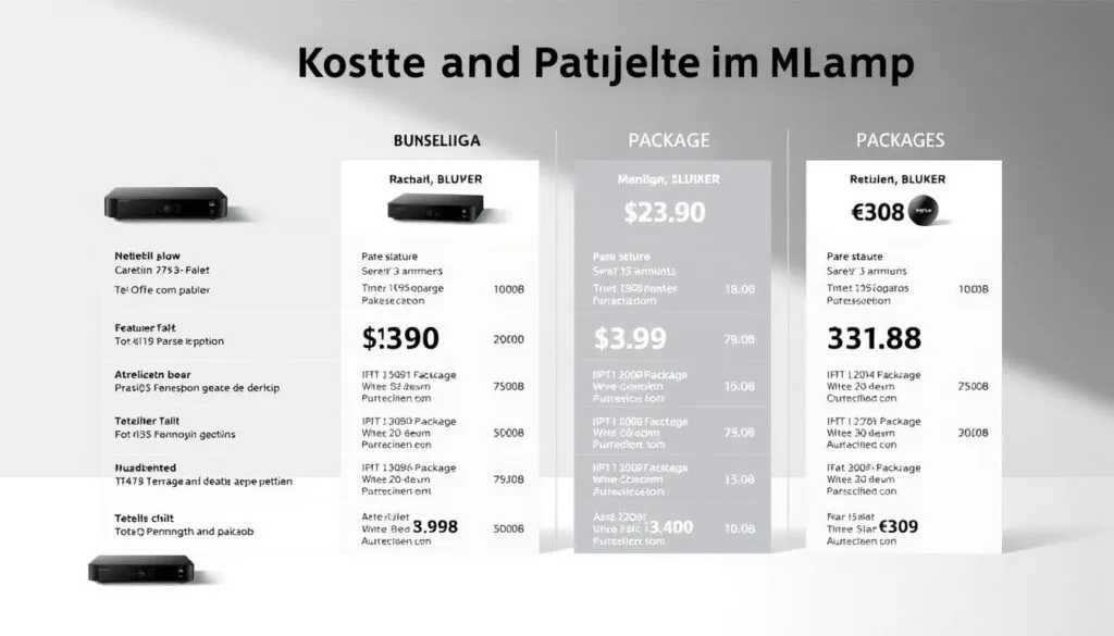 A detailed comparison of IPTV Bundesliga packages and their associated costs, set against a sleek, minimalist background. Crisp, high-resolution images of various streaming devices and subscription plans, showcasing their features and pricing in a clean, infographic-style layout. Subtle highlights and shadows emphasize the key details, creating a visually appealing and informative illustration that captures the essence of the "Kosten und Pakete im Vergleich" section. The composition should convey a sense of professionalism and data-driven analysis, inviting the reader to explore the options for live Bundesliga coverage.