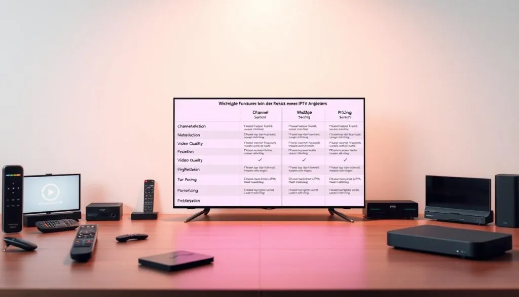 A detailed comparison of IPTV providers, showcasing their key features and capabilities. A sleek, modern design with clean lines and a minimalist aesthetic. The foreground depicts various IPTV service icons, remote controls, and devices, highlighting the diversity of options. The middle ground features a side-by-side comparison table, emphasizing the critical factors in selecting an IPTV provider, such as channel selection, video quality, and pricing. The background is a soft, muted gradient, creating a sense of focus and professionalism. The lighting is soft and diffused, with a hint of warm tones to convey a sense of reliability and trustworthiness. The overall composition is balanced and visually appealing, making it an ideal illustration for the "Wichtige Funktionen bei der Auswahl eines IPTV-Anbieters" section of the article.