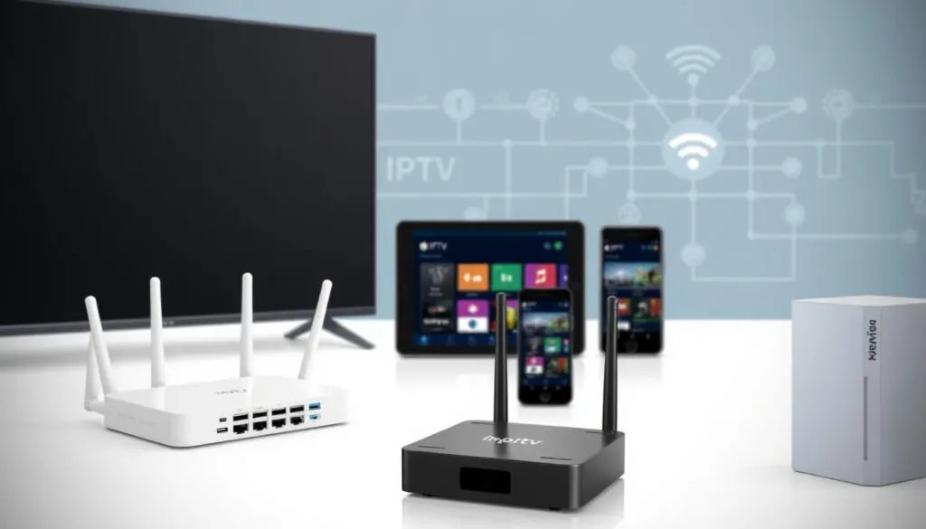 A high-quality digital rendering of a selection of compatible devices for IPTV setups. In the foreground, a modern smart TV and a compact Android TV box with HDMI ports, alongside a wireless router and a network switch. In the middle ground, a tablet device and a smartphone, both displaying IPTV streaming interfaces. In the background, a subtle grid of Ethernet cables, Wi-Fi signals, and network topology diagrams, conveying the technical infrastructure required for a reliable IPTV experience. The scene is brightly lit, with clean lines and a sleek, minimalist aesthetic, highlighting the modern and versatile nature of the IPTV hardware.
