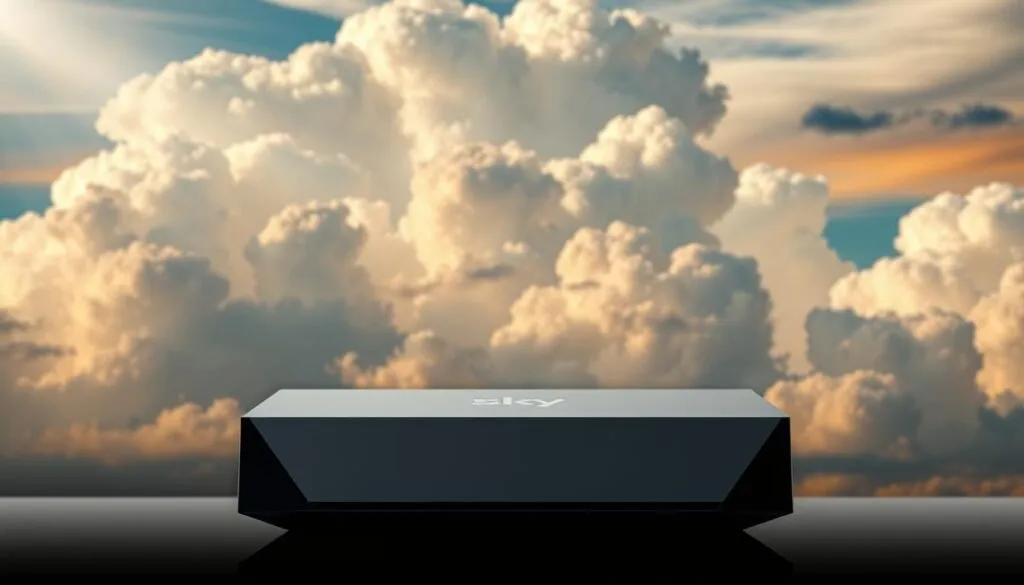 A high-quality, sleekly designed Sky Stream Box against a backdrop of a vibrant, cloud-filled sky. The device is centered, its modern, angular lines and glossy black finish catching the soft, diffused light. The scene is captured with a shallow depth of field, drawing the viewer's focus to the device's elegant form. Subtle lens flare and a warm, cinematic color palette evoke a sense of premium quality and technological sophistication. The sky above is a breathtaking display of billowing cumulus formations, their shapes and shadows casting an ever-changing play of light across the scene. The overall impression is one of a cutting-edge, premium IPTV product poised to deliver an exceptional viewing experience.
