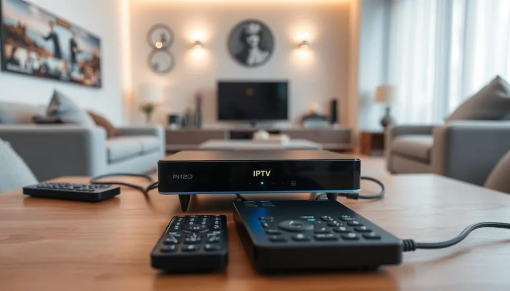 A high-quality wide-angle shot of an IPTV media streamer device placed on a wooden table, with a modern and minimalist living room setting in the background. The IPTV device has a sleek, rectangular shape with a glowing LED indicator, surrounded by a few remote controls and cables. The lighting is soft and warm, creating a cozy and inviting atmosphere. The framing showcases the simplicity and convenience of setting up an IPTV service, highlighting its integration into a contemporary home environment.