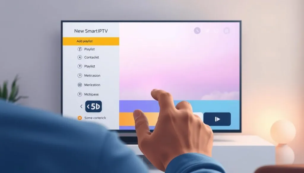 A high-resolution, detailed illustration of a person adding a new IPTV playlist to a smart TV interface. The foreground shows a person's hands interacting with an on-screen menu, highlighting options to add, edit, and manage playlists. The middle ground depicts the smart TV display with a clean, minimalist user interface featuring intuitive playlist controls. The background suggests a modern, well-lit living room setting with subtle, warm lighting. The overall mood is one of simplicity, user-friendliness, and technological sophistication, reflecting the "smart" nature of the IPTV experience.