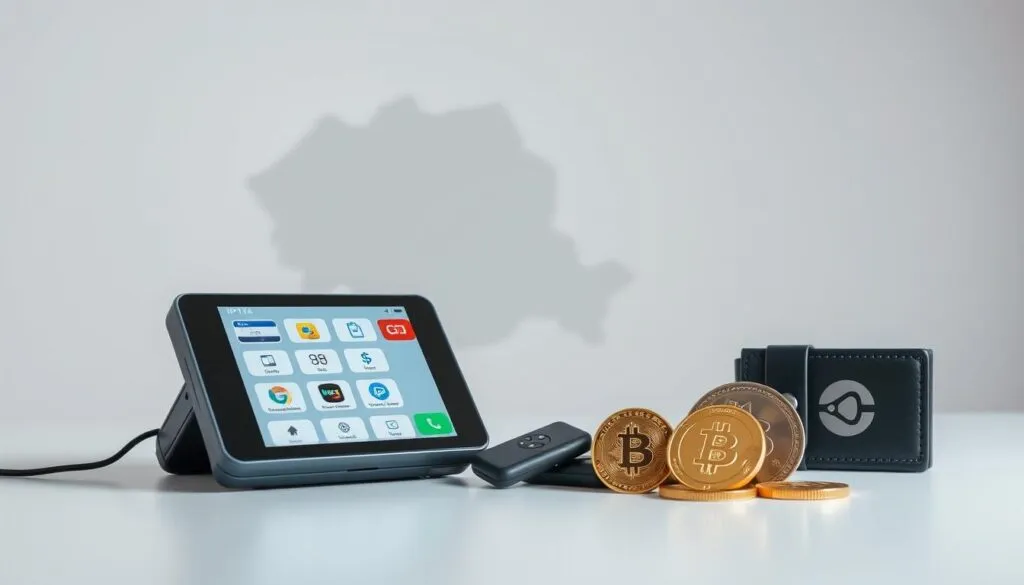 A high-resolution image depicting various payment methods for Romania IPTV services. In the foreground, a sleek, modern payment terminal displays a selection of credit card, mobile payment, and online banking icons. In the middle ground, digital wallets, cryptocurrency coins, and other digital payment options are artfully arranged. The background features a stylized map of Romania, suggesting the geographic context. The overall aesthetic is clean, minimalist, and evocative of the technology and convenience associated with modern IPTV subscriptions. Lighting is soft and diffused, creating a sense of professionalism and trust. The composition is balanced and visually appealing, drawing the viewer's attention to the key payment methods.