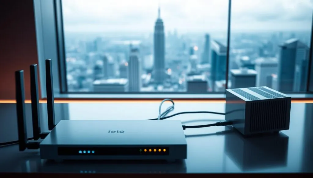 A high-tech futuristic scene depicting the technical requirements for optimal IPTV streaming. In the foreground, a sleek, minimalist router and modem setup, their LED lights softly glowing. In the middle ground, a network cable snaking across a clean, modern desk, symbolizing the reliable internet connection. The background features a panoramic view of a cityscape, hinting at the widespread availability of high-speed internet infrastructure. The overall mood is one of efficiency, connectivity, and technological advancement, reflecting the seamless IPTV experience the viewer can expect.