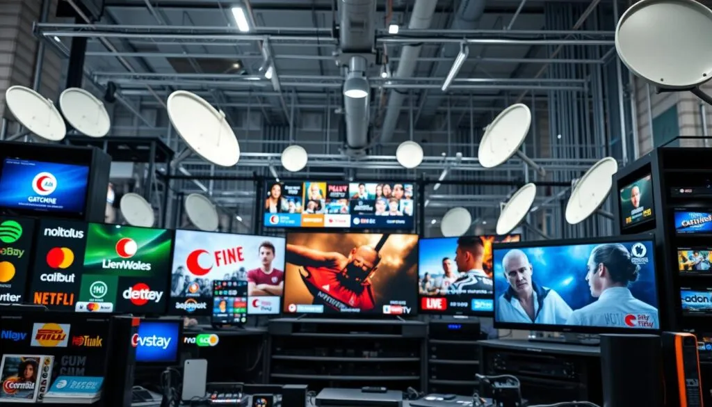 A lively scene of various satellite TV channels and on-demand streaming services, presented against a backdrop of sleek modern technology. In the foreground, a dynamic arrangement of colorful channel logos and interface icons, hinting at the wealth of entertainment options available. The middle ground features a collection of high-definition screens displaying a diverse range of captivating content, from live sports to cutting-edge documentaries. In the background, a sophisticated network of servers, cables, and satellite dishes, conveying the advanced infrastructure that powers this digital entertainment ecosystem. The lighting is crisp and bright, emphasizing the clarity and vibrancy of the visual elements. The overall composition suggests a sense of technological prowess, consumer choice, and the seamless integration of digital media into modern living.