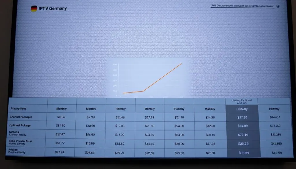 A meticulously detailed comparison of IPTV service costs, presented in a sleek and professional manner. The foreground showcases a series of pricing tables with clear, legible breakdowns of monthly fees, channel packages, and optional add-ons. The middle ground features a clean, minimalist graph visualizing the cost differences between leading IPTV providers in Germany. In the background, a subtle grid pattern in muted tones creates a sense of structure and organization, complementing the overall aesthetic. Lighting is soft and even, capturing the subject matter with a crisp, informative tone. The camera angle is straightforward, allowing the data visualizations to take center stage.
