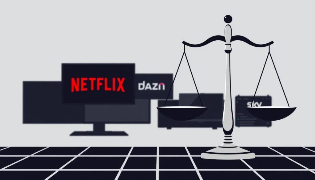 A minimalist, high-contrast illustration depicting the legal aspects of IPTV streaming services. In the foreground, a stylized scales of justice icon, symbolizing the balance between rights and regulations. In the middle ground, simple silhouettes of common streaming apps like Netflix, DAZN, and Sky. The background features a subtle grid or network pattern, hinting at the digital infrastructure that enables these services. The overall mood is sober and informative, encouraging the viewer to consider the legal considerations surrounding IPTV usage.