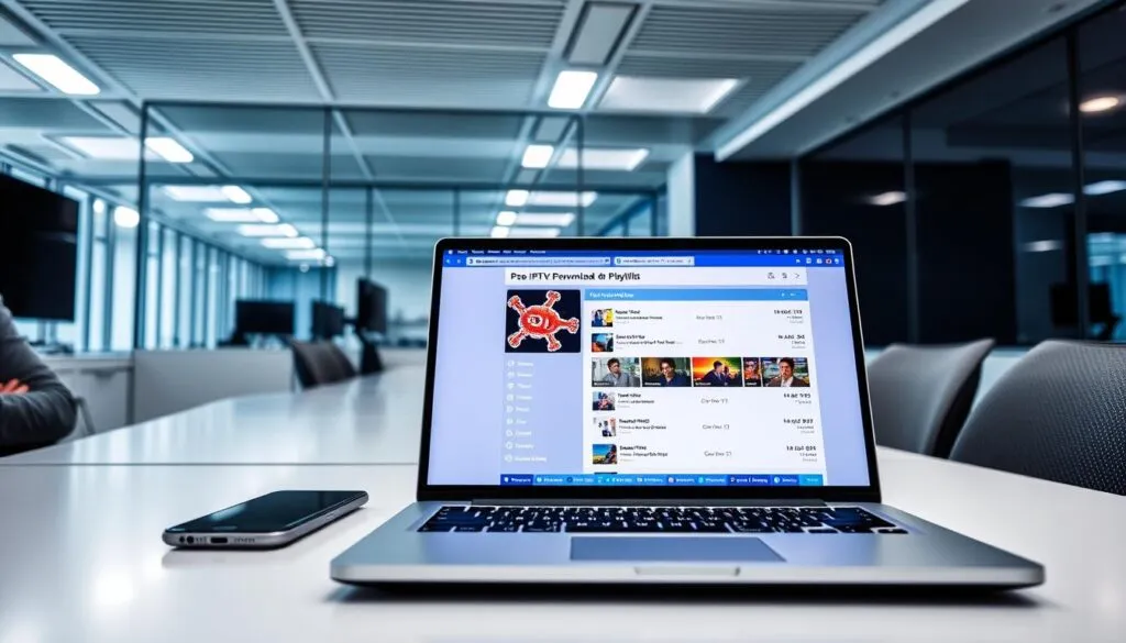 A modern, high-tech office interior with a desk, laptop, and smartphone prominently featured. The desktop screen shows a web browser window displaying an IPTV playlist download page. Bright, clean lighting illuminates the scene, creating a professional, almost clinical atmosphere. The composition emphasizes the technology and digital nature of the task at hand, with the devices taking up a significant portion of the frame. The overall tone is one of efficiency and productivity, reflecting the practical nature of downloading an IPTV playlist.