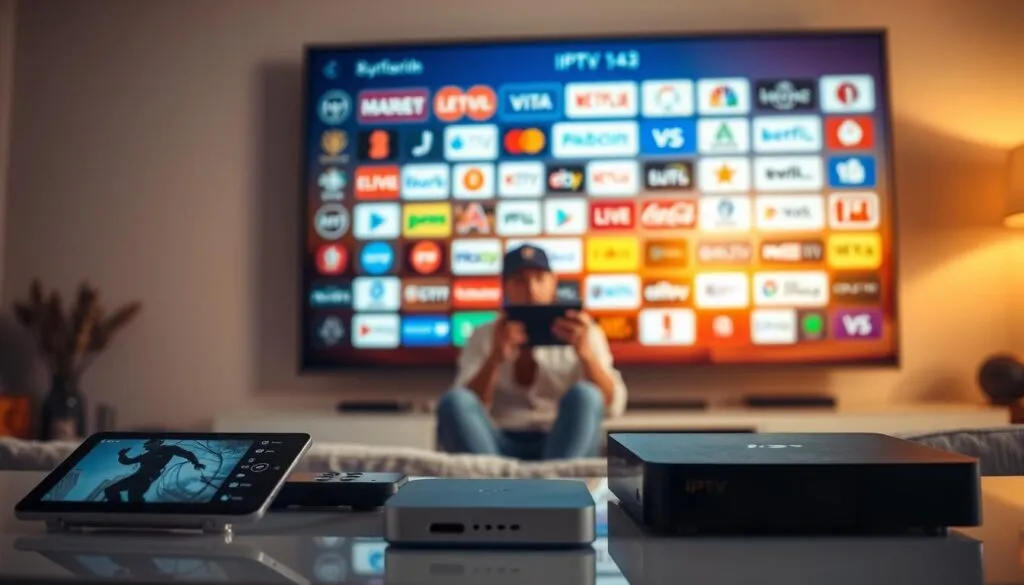A modern living room setting, with a large flatscreen TV mounted on the wall. In the foreground, various devices like a smartphone, tablet, and streaming box are arranged, all connected to the IPTV system. The middle ground showcases a person casually browsing content on their tablet, while in the background, the TV displays a diverse array of channel logos, reflecting the global reach of the IPTV service. The lighting is warm and inviting, creating a comfortable and tech-savvy atmosphere. The composition emphasizes the seamless integration of IPTV across multiple devices, catering to the needs of a tech-savvy, multimedia-centric household.