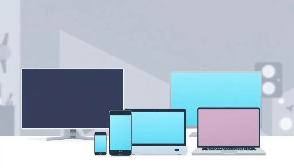 A modern, minimalist illustration depicting the concept of device compatibility for IPTV services. In the foreground, a group of diverse electronic devices including a smart TV, smartphone, tablet, and laptop are neatly arranged, each with a subtle icon or symbol indicating compatibility. The middle ground features a clean, geometric backdrop with a muted color palette, perhaps hinting at the seamless integration of IPTV across various platforms. The background is slightly blurred, keeping the focus on the central devices. The overall mood is one of technology, simplicity, and versatility, reflecting the ability to access IPTV content from multiple compatible devices.