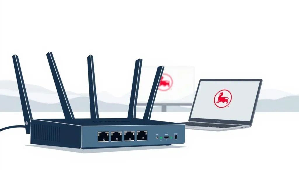 A modern, minimalist illustration depicting the technical requirements for optimal Bundesliga streaming. In the foreground, a sleek, high-speed internet router with multiple ethernet ports and Wi-Fi antennas, conveying a fast, reliable connection. The middle ground features a laptop or smart TV, representing the streaming device, with a Bundesliga logo subtly displayed on the screen. The background shows a clean, abstract landscape with muted colors, evoking a sense of digital efficiency and technological prowess. The overall composition should have a cool, sophisticated tone that aligns with the subject matter.